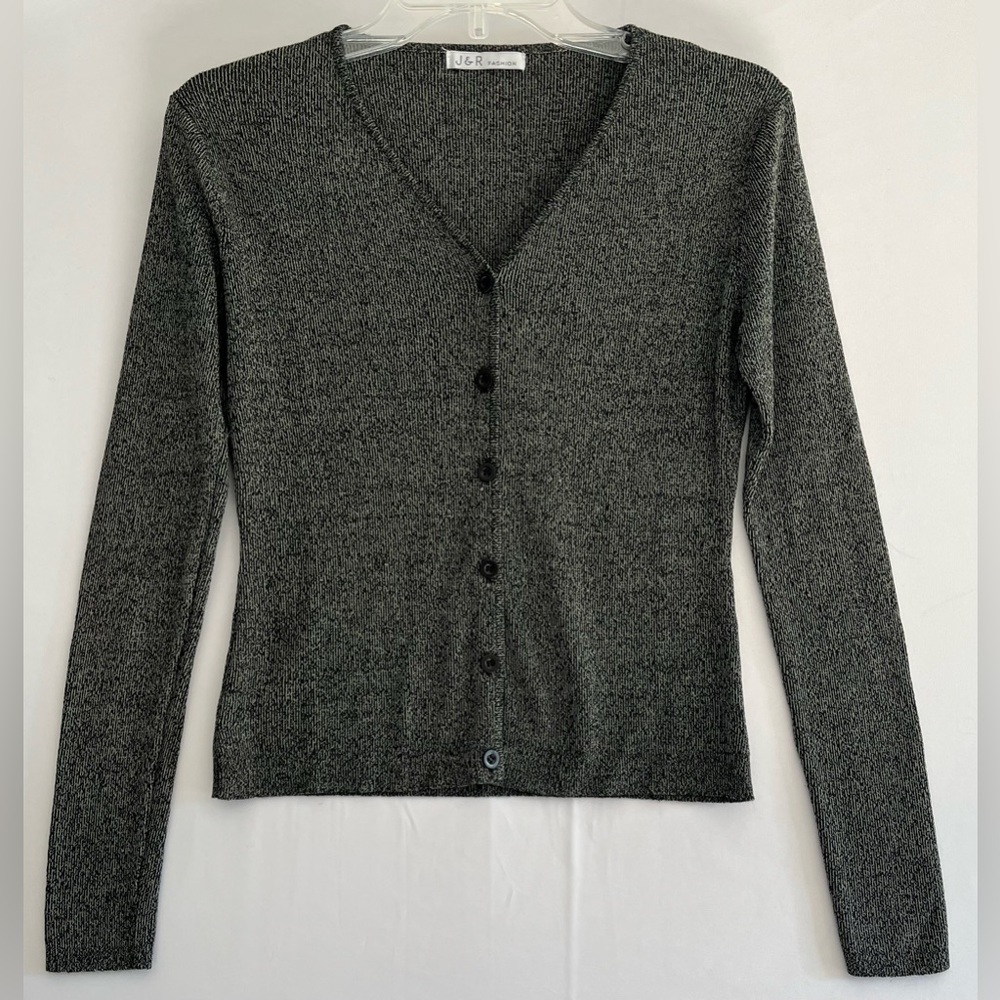 ⁠Y2K Charcoal Marled V-Neck Cardigan | Downtown Girl Minimalist Knit Sweater⁠
